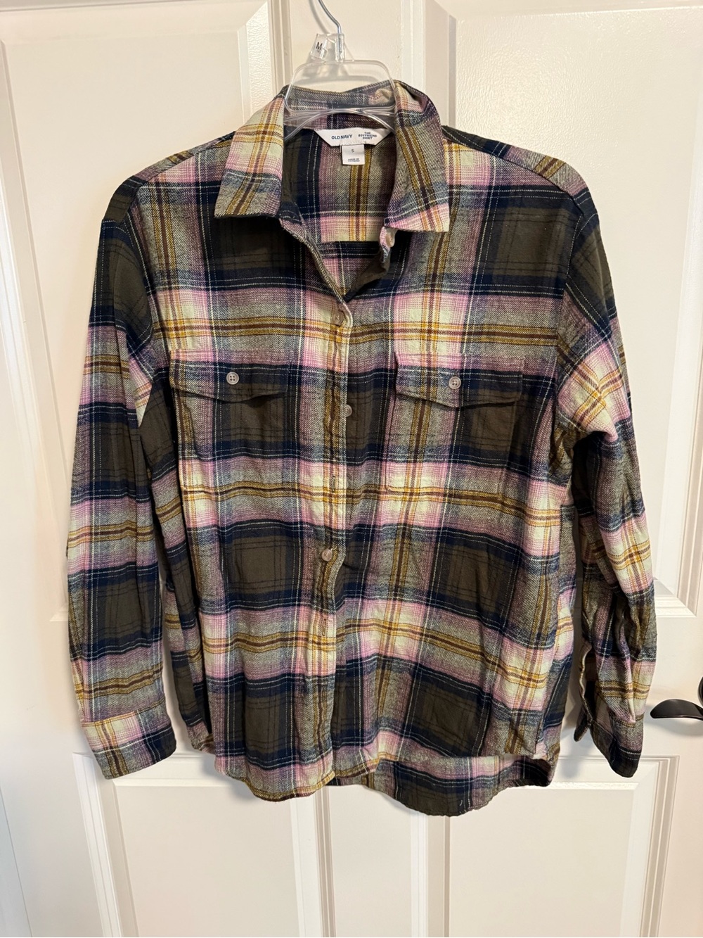 Old Navy Olive, Pink & Navy Plaid Long-Sleeve Button-Down